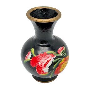 Ceramic Vase With Red & Yellow Floral Design Vintage Hand-Painted Black